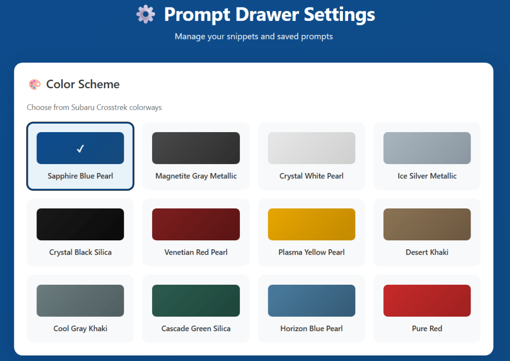 Crosstrek colorways!
